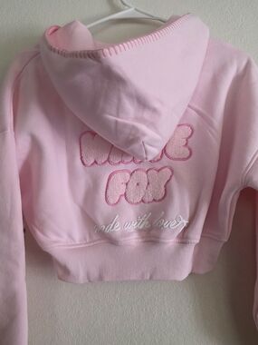 White Fox Pink Cropped Hoodie with Embroidered Puff Logo